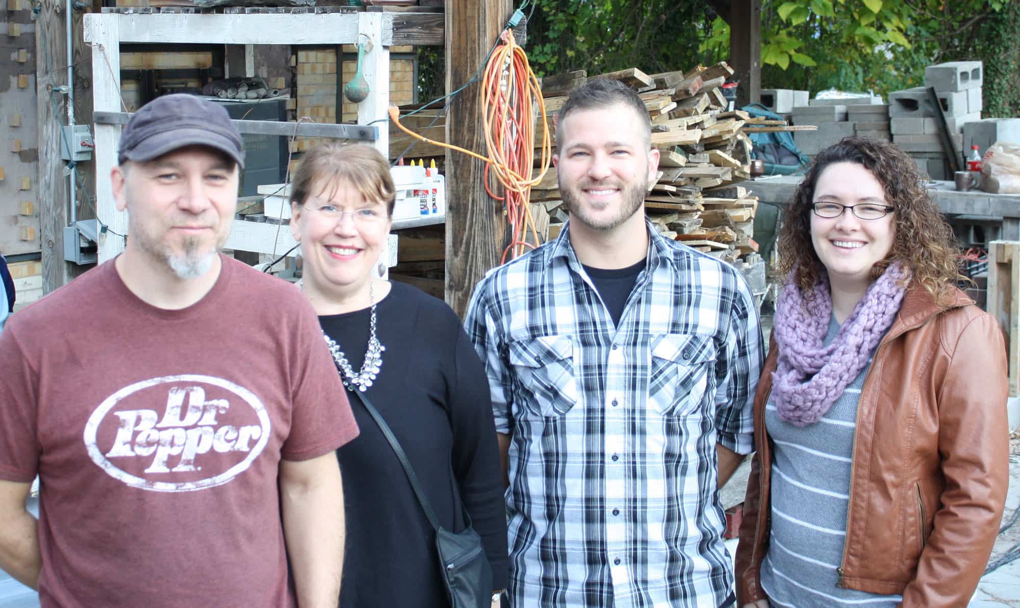 Pictured (LtoR) Towson University colleagues: Rich Holt, Head of Ceramics; Susan Picinich, College of Fine Arts & communication; Brad Blair, Ceramics adjunct professor; and Rachel Ellswoth, Ceramics adjunct professor (Photo courtesy KC Corbett, Clayworks marketing coordinator)