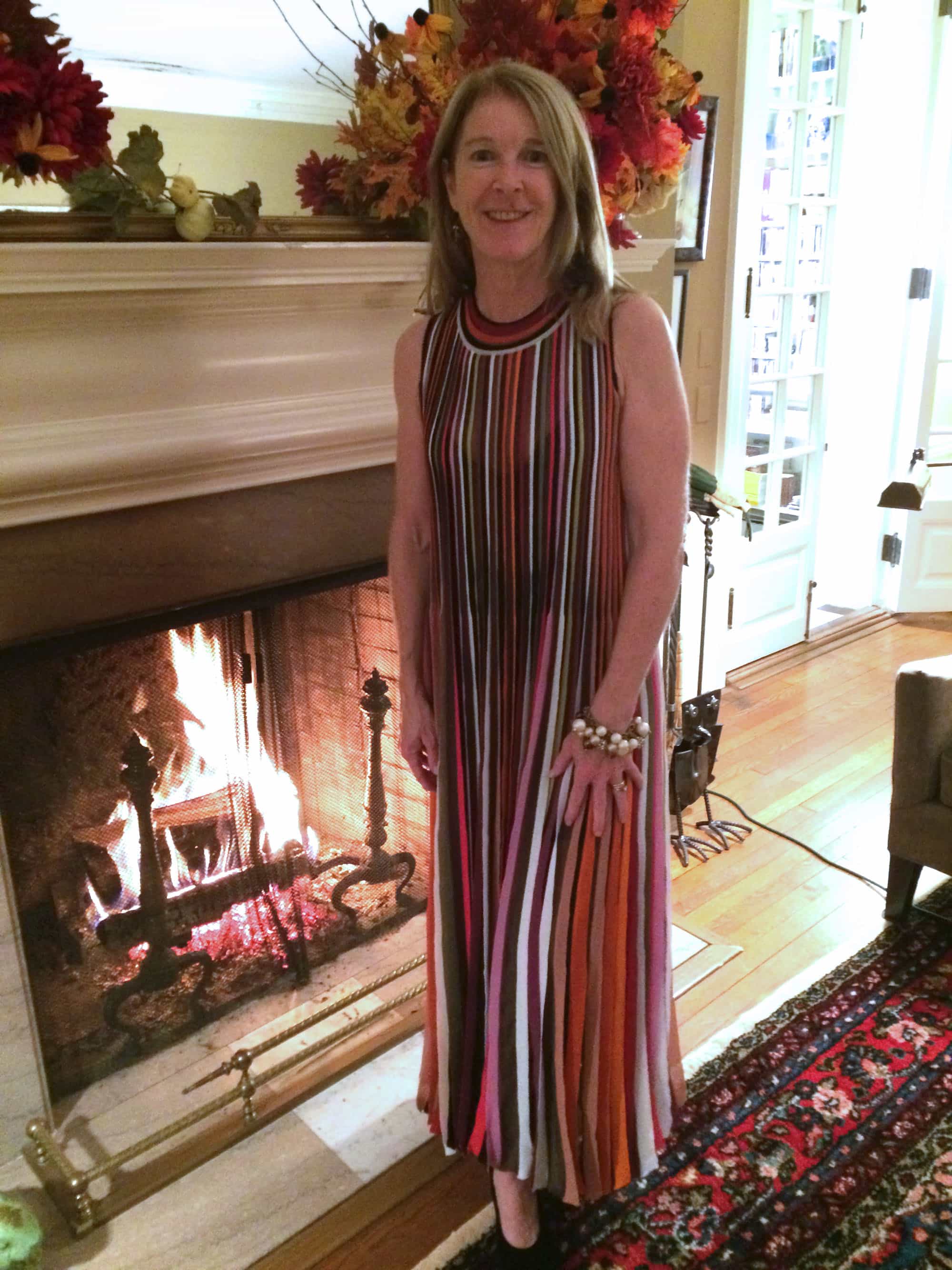 Not only was the groaning board overflowing with goodness this Thanksgiving, but I was thankful to spy a few stylish Baltimoreans and visitors to the area as well. First up is Pam Babij of Guilford, who snagged a stunning original Missoni at the recent Best Dressed Sale (an annual event sponsored by the Women’s Board of the Johns Hopkins Hospital). Multi-colored vertical stripes and knife pleats cascade from the neckline almost to the floor. This is a dress with movement! Pam is also wearing black suede pumps by Adrienne Vittadini and jewelry by Stella & Dot.