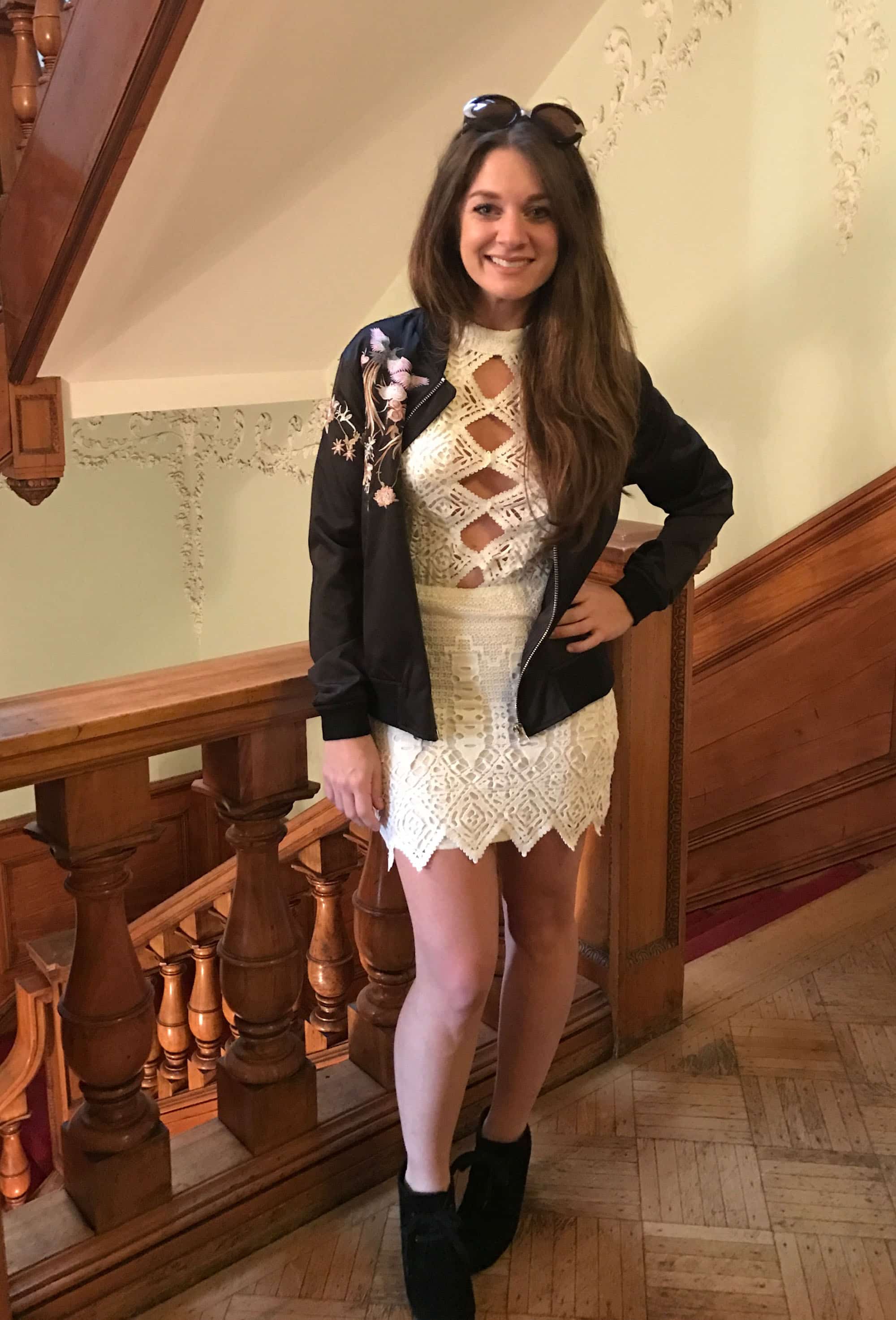 I stopped Jennifer DiFolco in the hall as she was on her way out for a night in Mt. Vernon. Jennifer’s look is romantic but far from helpless. The dress from South Moon Under has beautiful lace that creates wonderful cut-outs in the middle of the dress and an interesting hemline.