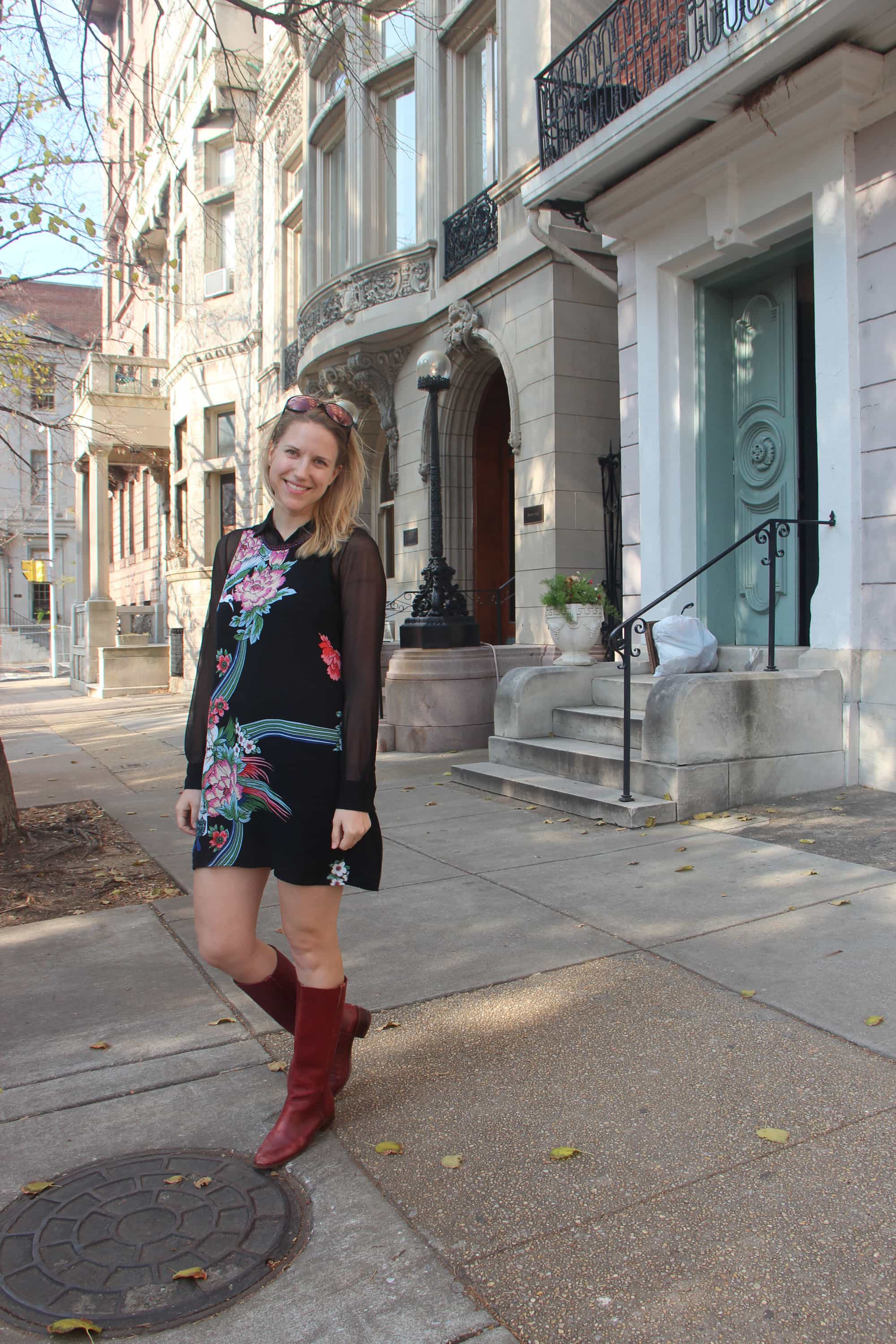 On her way to work in Mt. Vernon, Rebecca Johnson stopped to talk with me about her outfit. She started by telling me that she’s loved fashion since before kindergarten "I remember a specific time when I was around that age and my mom refused to buy me a pair of corduroy overalls because I already had a similar pair. I bawled my eyes out and thought I'd never find anything I liked that much ever again." She continued with why she paired each piece together. While this outfit may seem like it is made from just an Urban Outfitter dress and vintage tall leather claret wine boots from Hunting Ground, there is actually a sheer black shirt from American Apparel to make the outfit work-appropriate and winter ready. The large floral print of the dress and oversized pink lenses from the Emilio Pucci sunglasses gives a splash of color taking this look back to the 70's. Rebecca likes to let her personality shine through her outfits and has fun mixing new and old pieces together. I’ll be looking out for Rebecca again to see what she wears next!